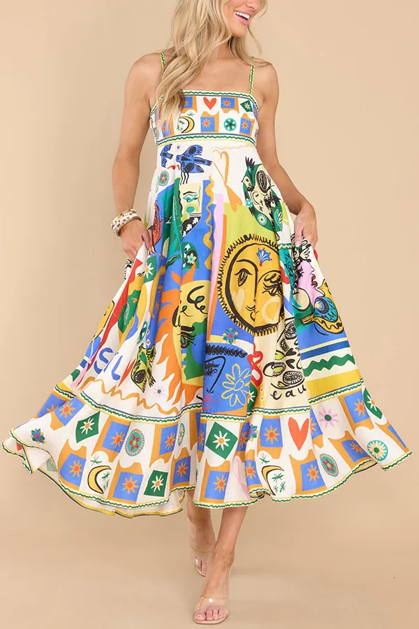 2023 New Sexy Women's Hanging Strap Graffiti Print Sleeveless Swing Dress Elegant Colorful Long Dress Summer Beach Vacation Robe
