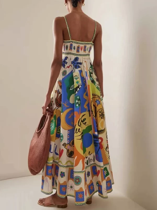 2023 New Sexy Women's Hanging Strap Graffiti Print Sleeveless Swing Dress Elegant Colorful Long Dress Summer Beach Vacation Robe - Image 5