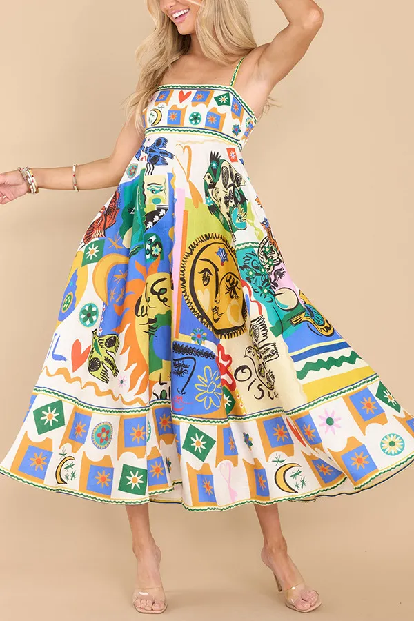 2023 New Sexy Women's Hanging Strap Graffiti Print Sleeveless Swing Dress Elegant Colorful Long Dress Summer Beach Vacation Robe
