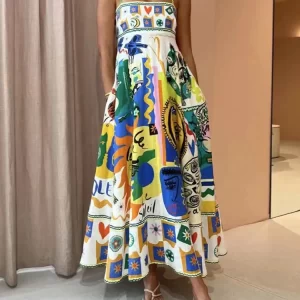 2023 New Sexy Women's Hanging Strap Graffiti Print Sleeveless Swing Dress Elegant Colorful Long Dress Summer Beach Vacation Robe