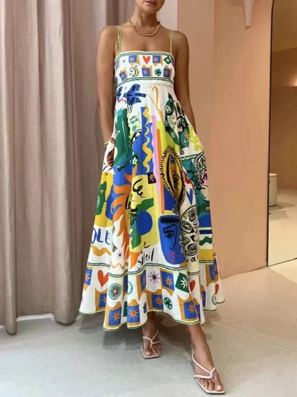 2023 New Sexy Women's Hanging Strap Graffiti Print Sleeveless Swing Dress Elegant Colorful Long Dress Summer Beach Vacation Robe