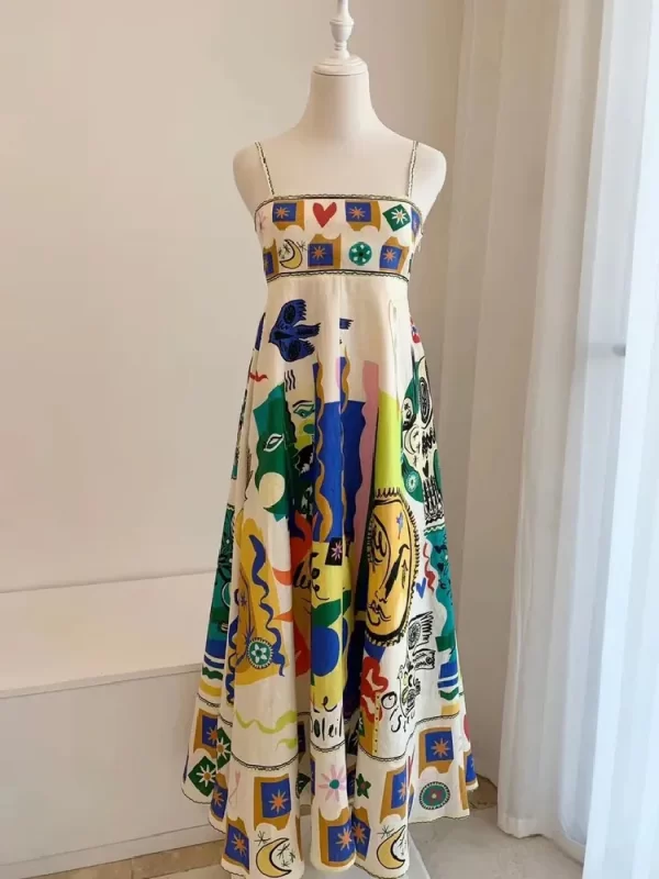 2023 New Sexy Women's Hanging Strap Graffiti Print Sleeveless Swing Dress Elegant Colorful Long Dress Summer Beach Vacation Robe - Image 6